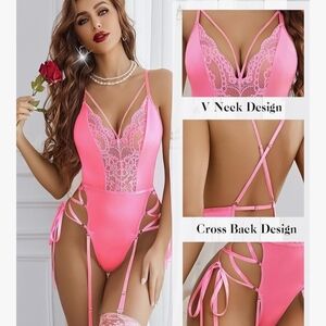 Pink Lace V-Neck Strappy Teddy Bodysuit